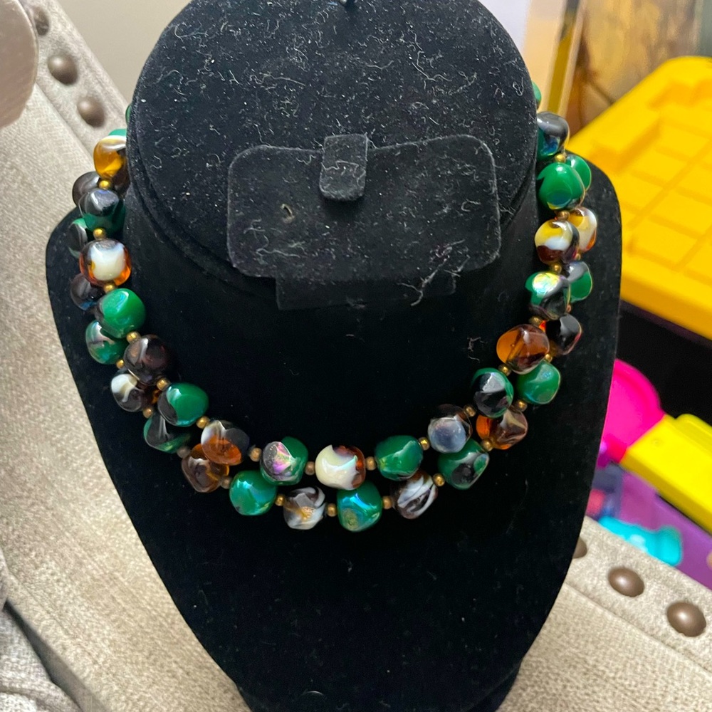 Necklace green yellow brown white glass beads
